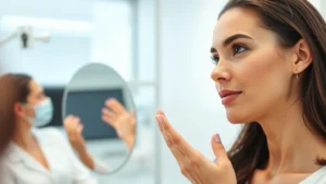 Woman in bright dermatology clinic examining her clear skin in mirror with dermatologist in background, professional medical setting, natural daylight, healthy glowing complexion