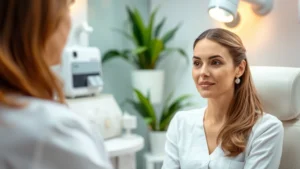 Woman in dermatologist's office consulting about skin treatment, professional clinical setting with warm lighting, focused and confident patient expression