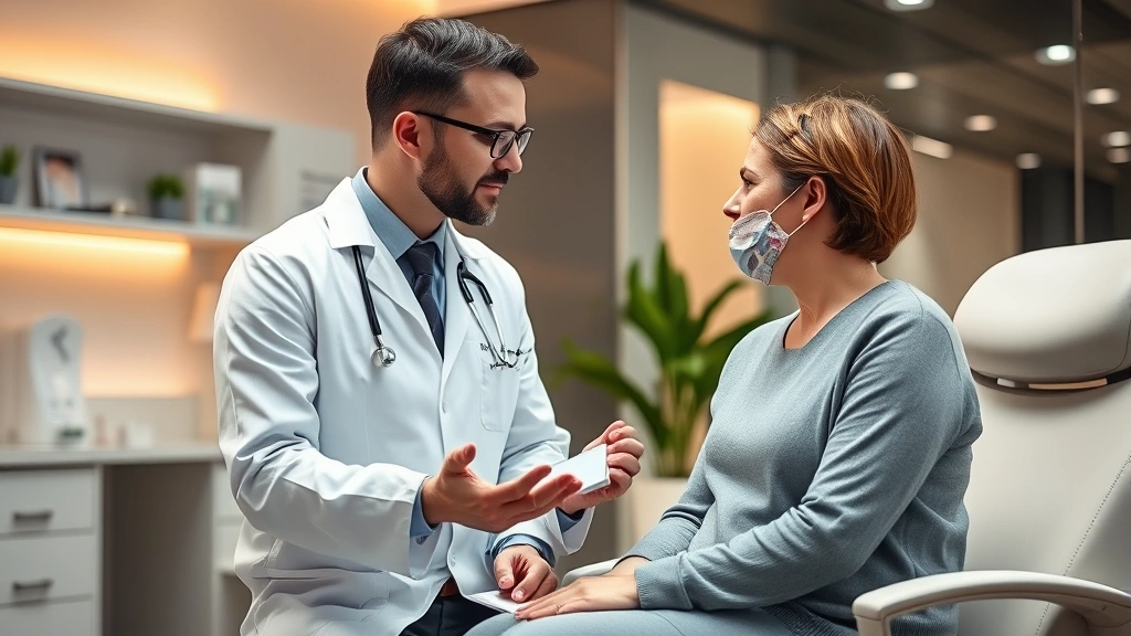 A dermatologist consulting with a patient in a modern clinic setting, discussing treatment plans and health monitoring, professional medical environment with warm lighting
