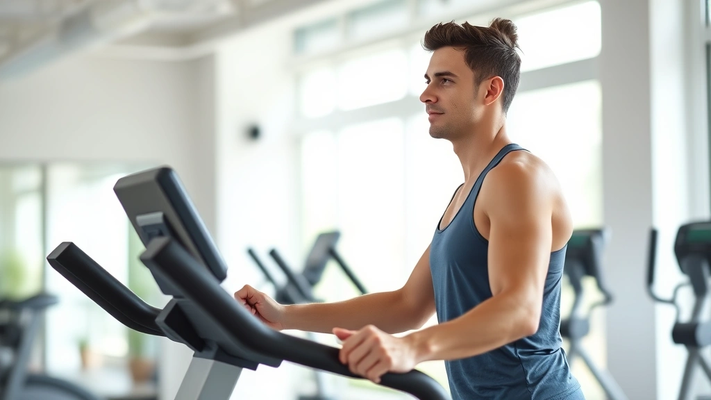 Person doing low-impact cardio exercise in bright modern gym with natural light, stationary bike or elliptical machine, focused expression, fitness wear, supportive environment