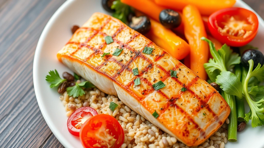 Nutritious balanced meal with grilled salmon, colorful vegetables, whole grains, and healthy fats on white plate, fresh and appetizing presentation