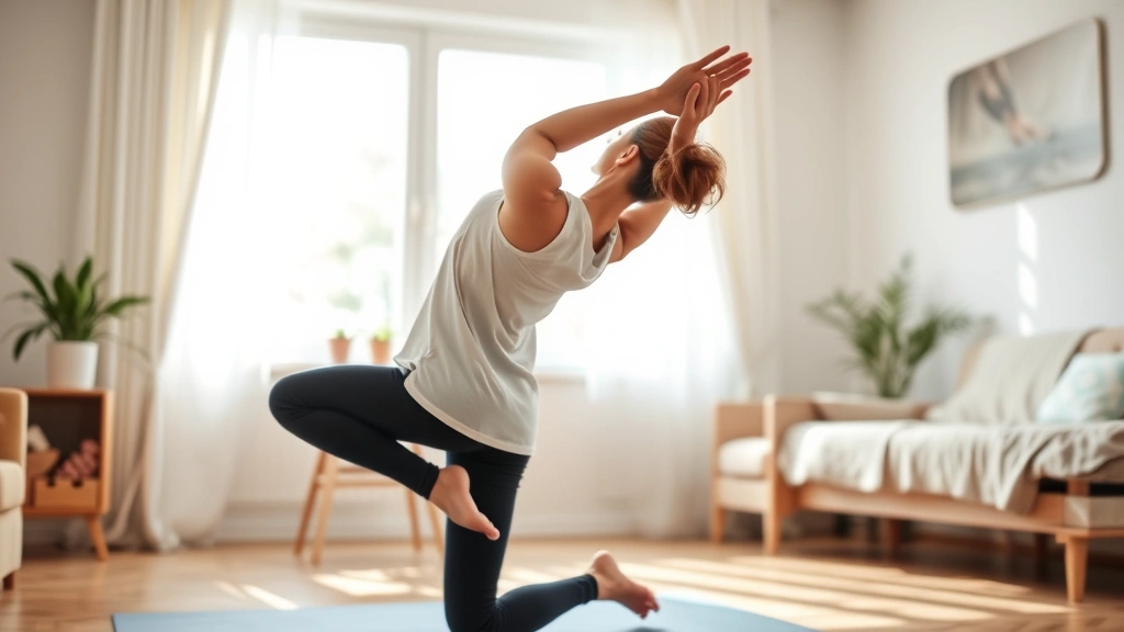 Someone doing gentle yoga or stretching in a bright, calm home environment, representing safe physical activity during medical treatment, peaceful wellness atmosphere with natural light