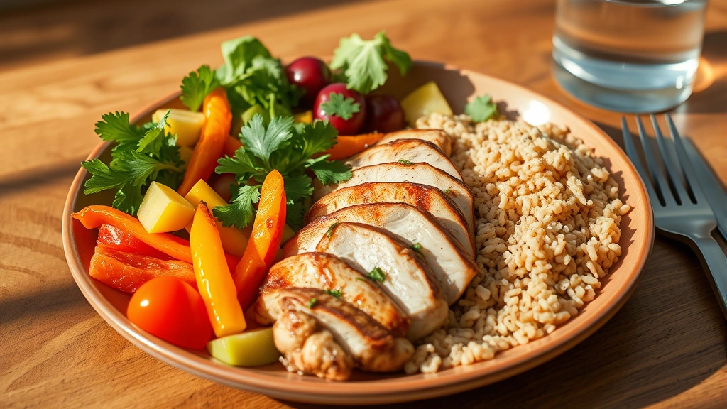 Healthy meal plate with colorful vegetables, lean grilled chicken, brown rice, fresh herbs, wooden table, glass of water, bright natural lighting, nutritious balanced meal