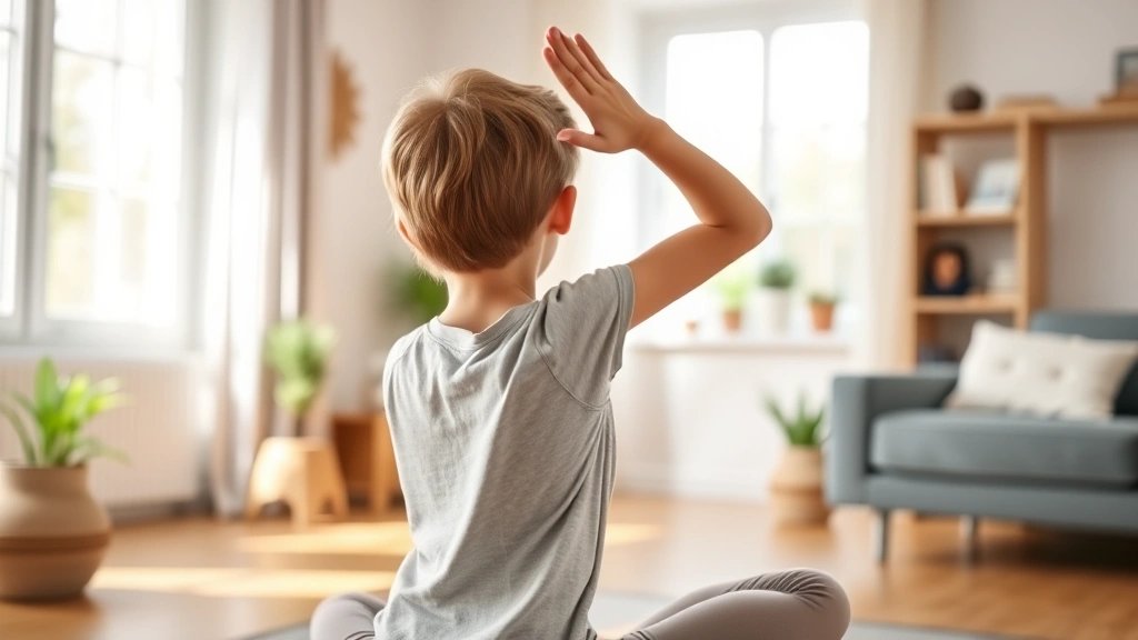 Young person doing gentle yoga or stretching exercise in bright home environment, calm and peaceful wellness-focused activity