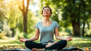 Woman sitting peacefully outdoors meditating with eyes closed, surrounded by green trees and natural sunlight, showing calm relaxation and mental wellness, photorealistic, peaceful expression