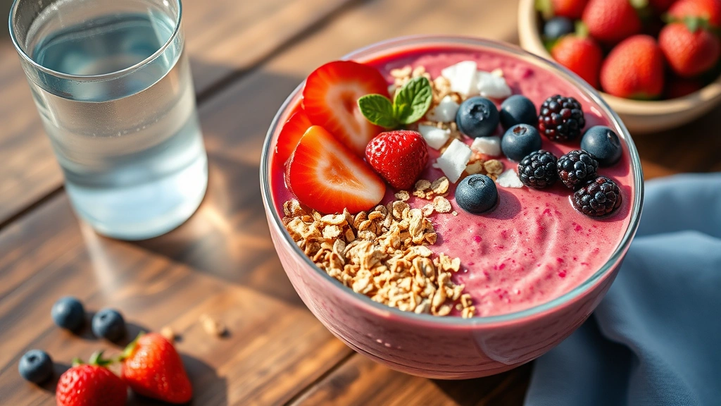 Colorful smoothie bowl with fresh berries, granola, and coconut on wooden table next to water bottle, healthy nutrition and appetite support, bright natural lighting, photorealistic