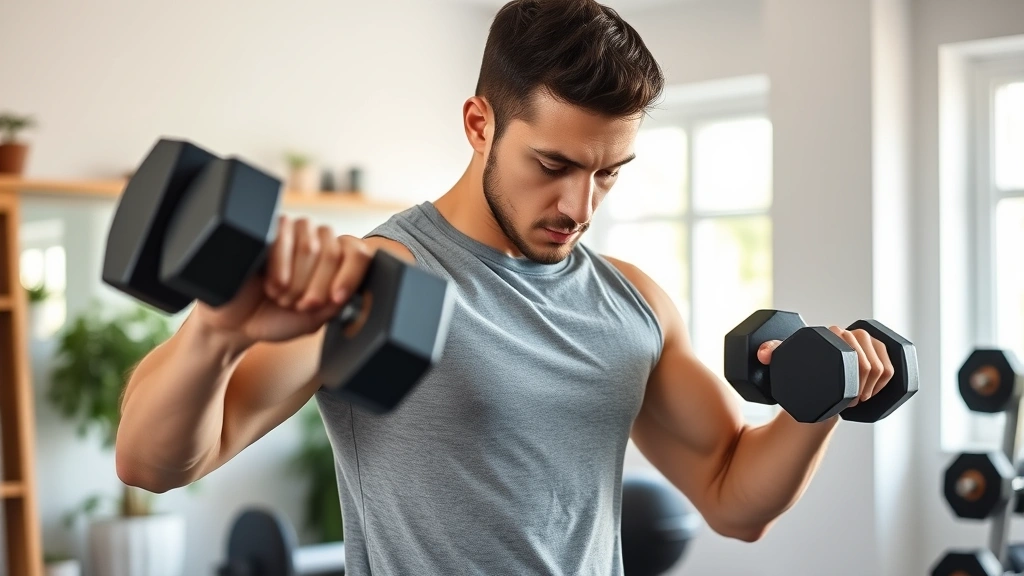 Person doing strength training with dumbbells in bright home gym, focused expression showing muscle building and anxiety management through exercise, natural lighting, photorealistic