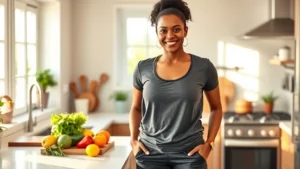 A diverse woman in casual athletic wear standing confidently in a bright, modern kitchen with fresh vegetables and fruits visible on the counter, natural morning light streaming through windows, warm and encouraging atmosphere