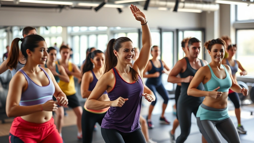 Diverse group of people in gym setting engaged in various fitness activities including strength training and cardio exercise for wellness