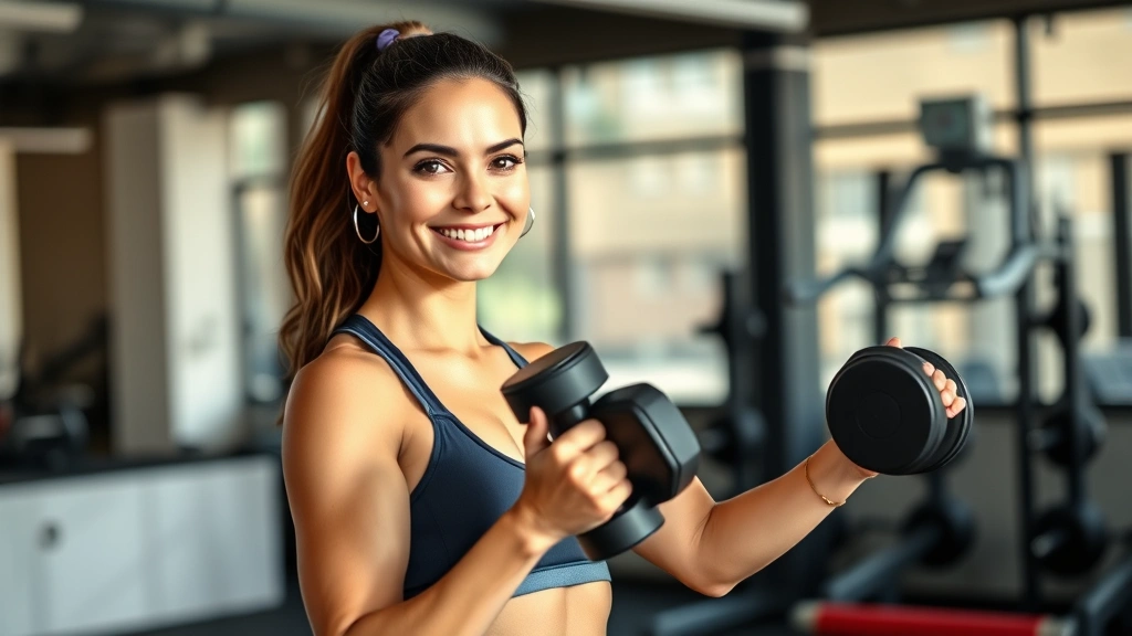 Woman in modern gym setting performing strength training exercise with dumbbells, confident expression, bright natural lighting, athletic wear, healthy physique