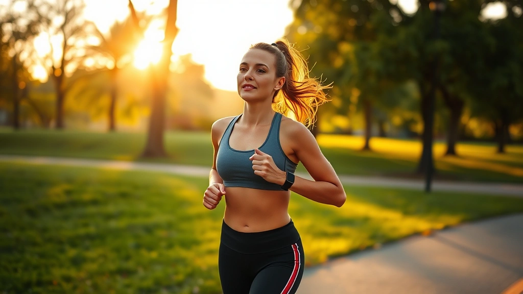 Woman jogging outdoors at sunrise in a park, athletic wear, focused expression, natural lighting, healthy lifestyle imagery
