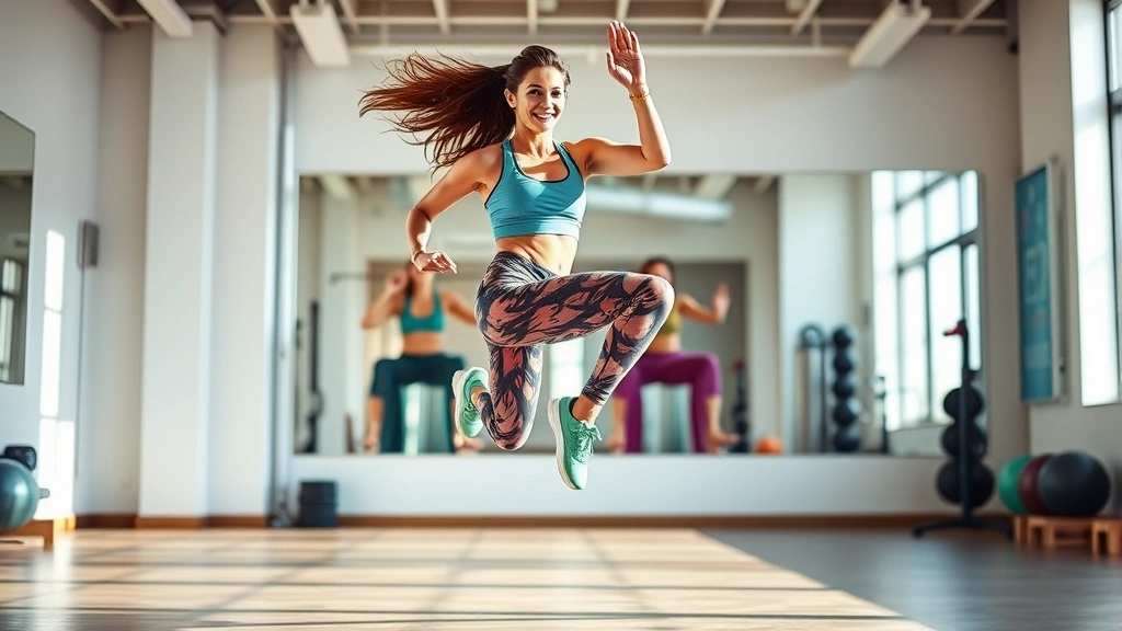 Woman in colorful athletic wear doing dynamic dance cardio workout in bright modern gym studio, energetic movement captured mid-jump, natural lighting, confident expression, contemporary fitness setting