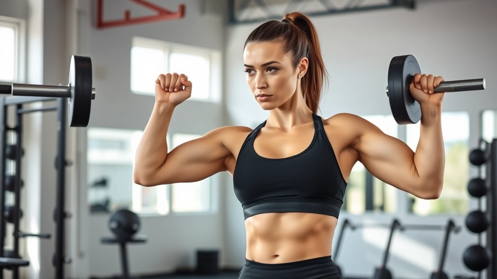 Woman performing compound strength training exercise with proper form in bright gym setting, focused expression, athletic wear, natural lighting emphasizing muscle definition and confidence
