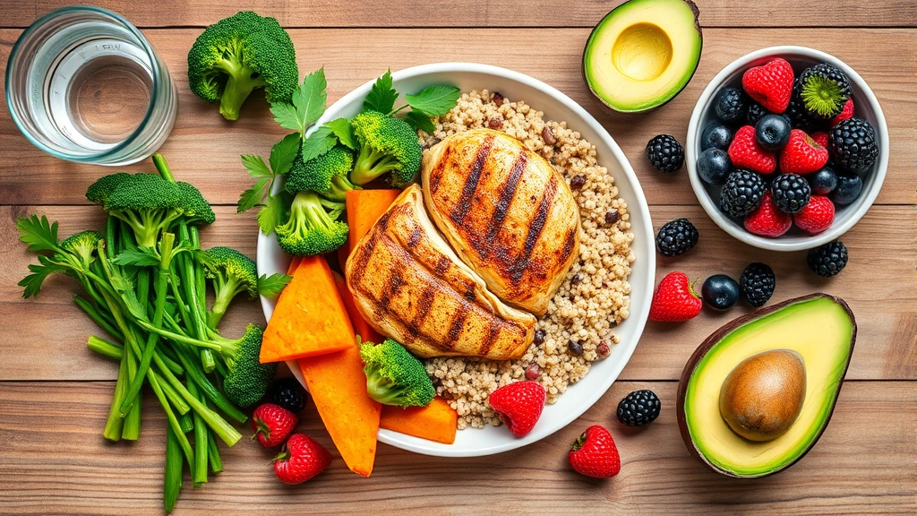 Overhead flat lay of colorful whole foods on wooden table: grilled chicken breast, broccoli, sweet potato, quinoa, avocado, berries, and water glass, natural daylight, vibrant and appetizing presentation