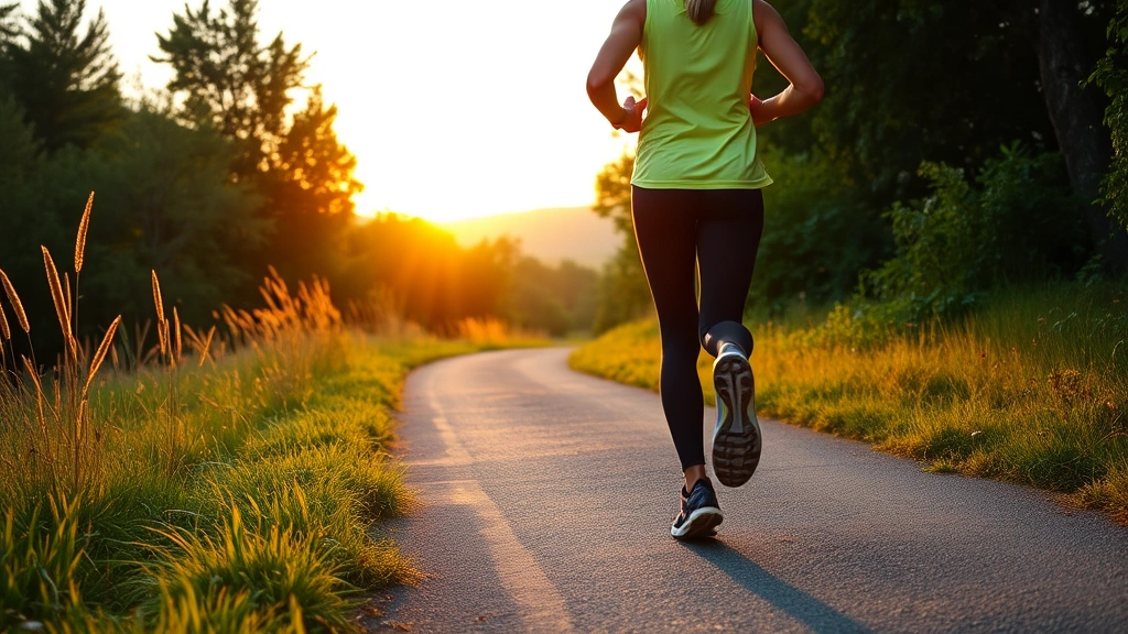 Person jogging on scenic outdoor trail at sunrise, wearing comfortable athletic clothes, lush green surroundings, peaceful and energetic atmosphere, demonstrating active lifestyle and wellness