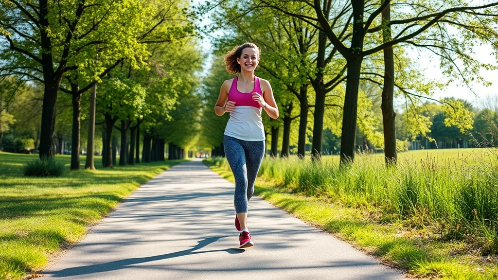 Woman jogging outdoors on a sunny path with trees, athletic wear, natural environment, positive energy, health-focused motion captured mid-stride
