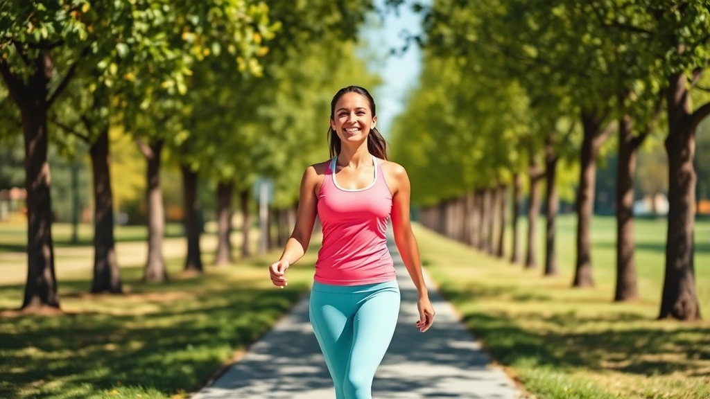 Professional woman in bright athletic wear confidently walking outdoors on a sunny path lined with green trees, smiling naturally with genuine wellness energy
