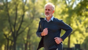 Middle-aged man in professional attire jogging outdoors on sunny morning, green park background, determined expression, athletic wear, natural lighting, health-focused