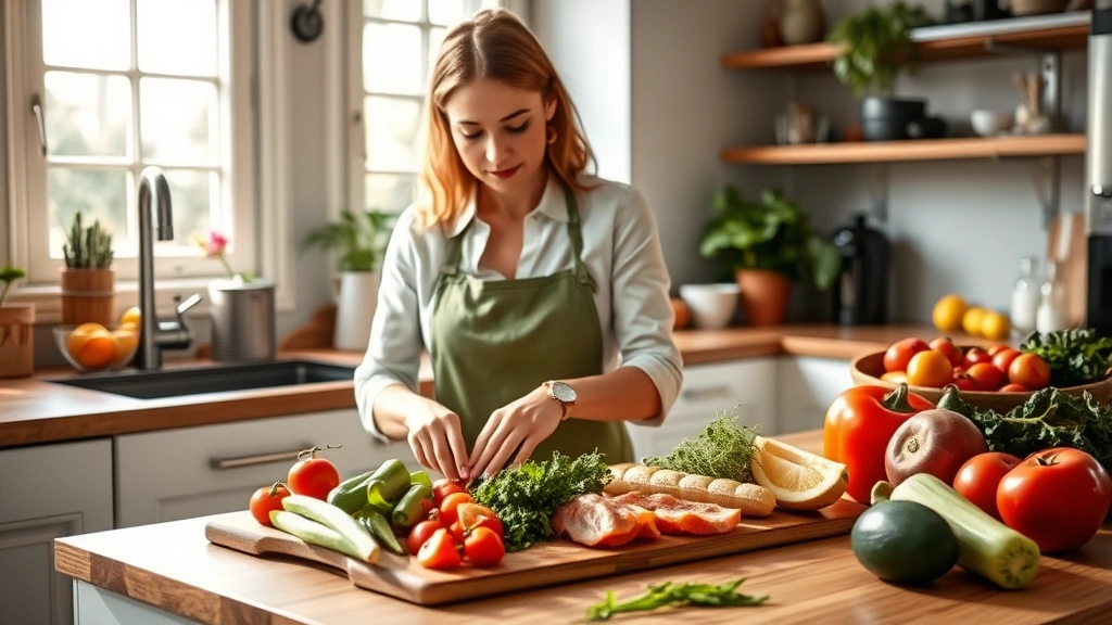 Professional woman in bright kitchen preparing fresh vegetables and lean protein on wooden cutting board, natural sunlight streaming through windows, healthy whole foods displayed