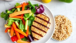 Overhead view of colorful fresh vegetables, grilled chicken breast, and brown rice on a white plate, bright natural lighting, kitchen counter background, representing balanced nutrition for weight loss