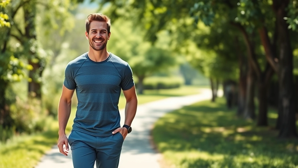 A fit middle-aged man in casual athletic wear walking outdoors on a sunny path surrounded by green trees and natural scenery, smiling with confidence and vitality