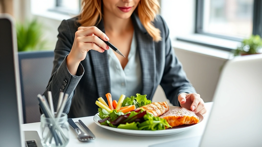 Professional woman in business attire eating a balanced meal with fresh vegetables and lean protein at her desk, natural lighting, healthy lunch break scene