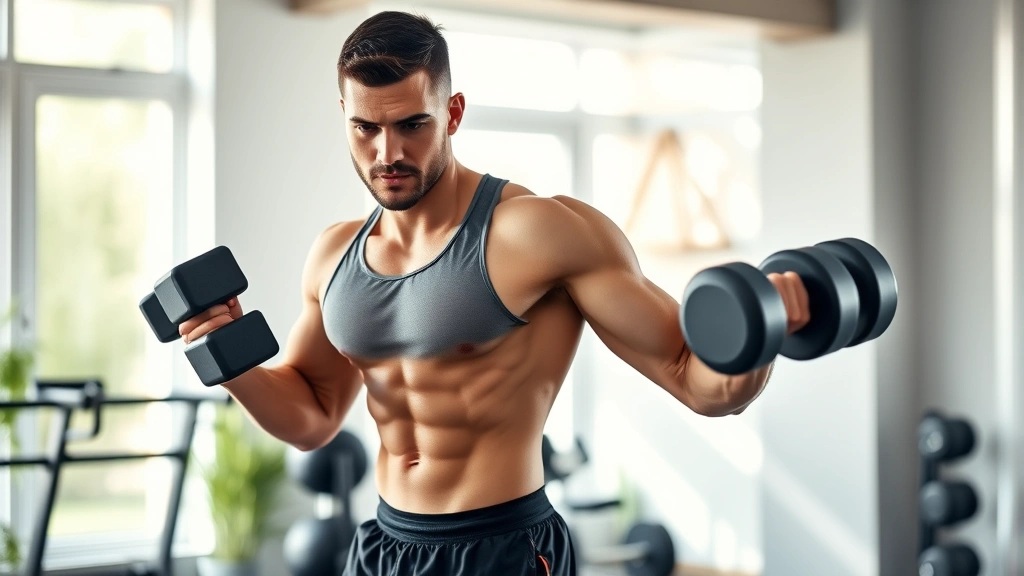 Fit adult performing strength training with dumbbells in bright, modern home gym with natural light, focused expression, athletic wear, motivational environment