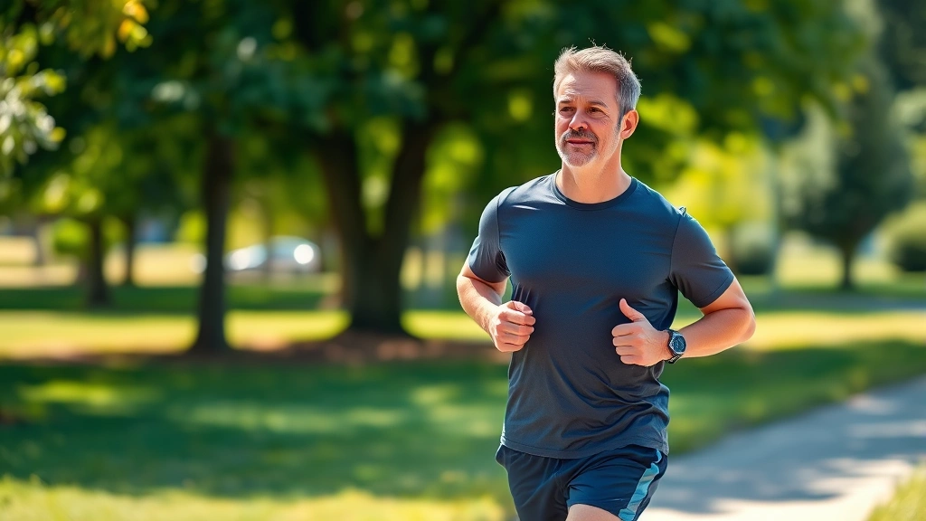 Middle-aged professional man in athletic wear jogging outdoors on a sunny morning, looking energized and healthy, verdant park setting in background