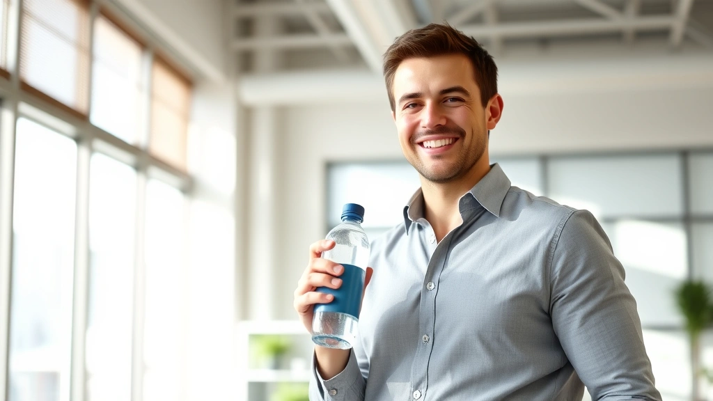 A fit middle-aged professional man in business casual attire smiling confidently while holding a water bottle, standing in a bright modern office with sunlight streaming through windows, representing wellness and healthy lifestyle integration