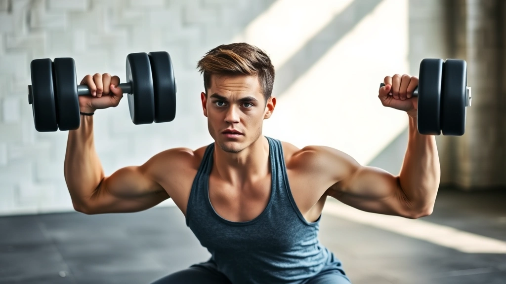 Person performing a dumbbell squat in a bright gym with natural light, focused expression, athletic wear, dumbbells at shoulder height, concrete floor background