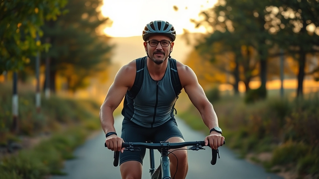 Fit middle-aged man cycling outdoors on scenic path surrounded by trees and natural landscape, wearing athletic gear, strong posture, morning or golden hour lighting