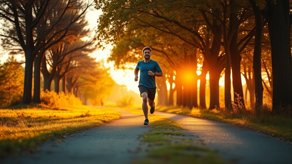 Person jogging outdoors on a tree-lined path during golden hour, showing determination and health commitment, natural landscape with autumn foliage, active lifestyle imagery