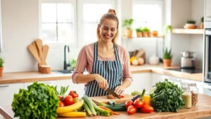 Woman preparing fresh colorful vegetables and whole foods in a bright modern kitchen, smiling while chopping vegetables, natural sunlight streaming through windows, healthy ingredients on wooden counter