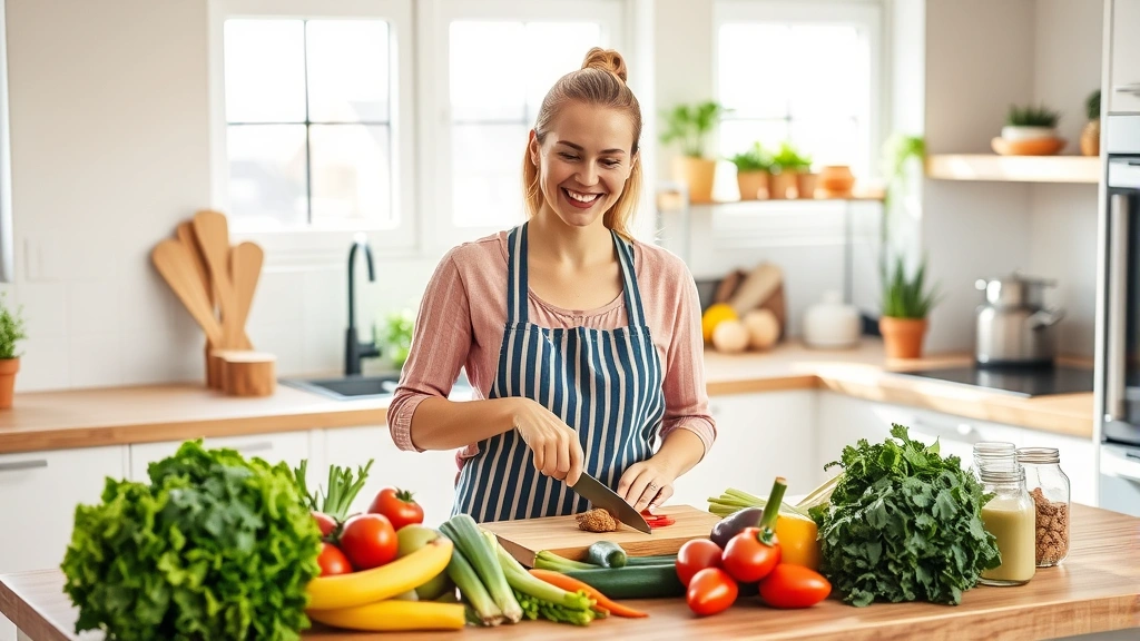 Woman preparing fresh colorful vegetables and whole foods in a bright modern kitchen, smiling while chopping vegetables, natural sunlight streaming through windows, healthy ingredients on wooden counter