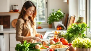 Woman in bright kitchen preparing fresh vegetables and whole grains, natural sunlight streaming through windows, colorful produce on counter, peaceful healthy cooking environment