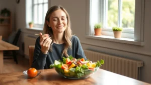 Woman peacefully eating a colorful salad with fresh vegetables, sitting at a wooden table near a bright window, practicing mindful eating with a content expression