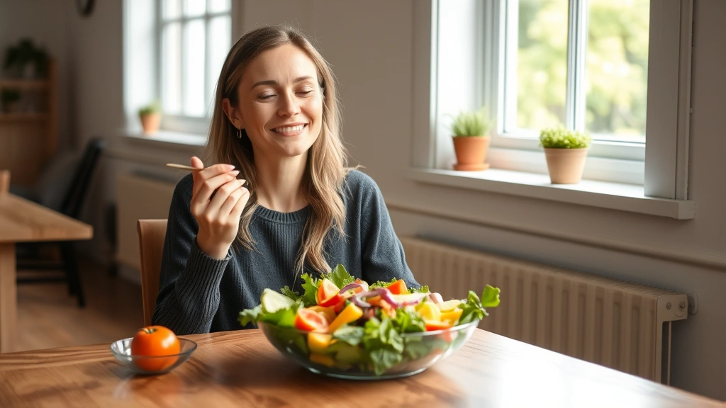 Woman peacefully eating a colorful salad with fresh vegetables, sitting at a wooden table near a bright window, practicing mindful eating with a content expression