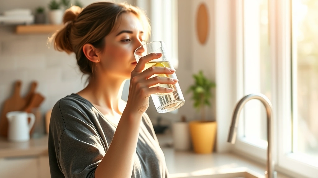 Woman drinking fresh filtered water from a glass in bright kitchen, holding the glass with both hands, sunlight streaming through window, peaceful wellness setting, photorealistic