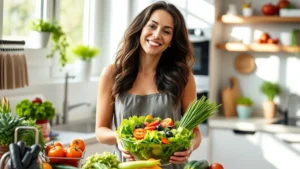 Woman preparing fresh colorful vegetables and fruits in bright, modern kitchen, smiling while holding a bowl of vibrant salad ingredients, natural daylight streaming through windows