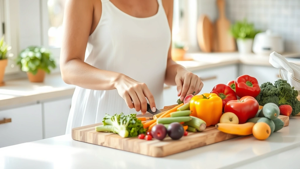 Woman preparing fresh colorful vegetables and fruits on wooden cutting board in bright kitchen, natural lighting, healthy food preparation