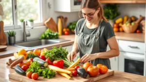 Woman preparing fresh colorful vegetables and whole foods in bright kitchen, healthy meal preparation, natural lighting, vibrant produce on wooden cutting board