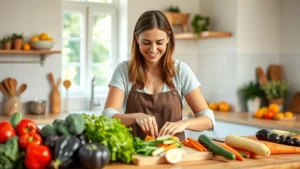 Woman preparing fresh colorful vegetables on wooden cutting board in bright kitchen, smiling and focused, natural lighting, healthy food preparation scene