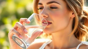Woman drinking fresh water from a glass in bright natural sunlight, healthy glowing skin, serene expression, wellness-focused, photorealistic
