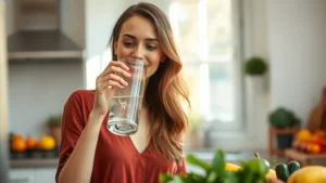 Woman drinking fresh water from glass in bright kitchen, smiling, natural sunlight streaming through window, healthy lifestyle aesthetic, fresh fruits and vegetables blurred in background