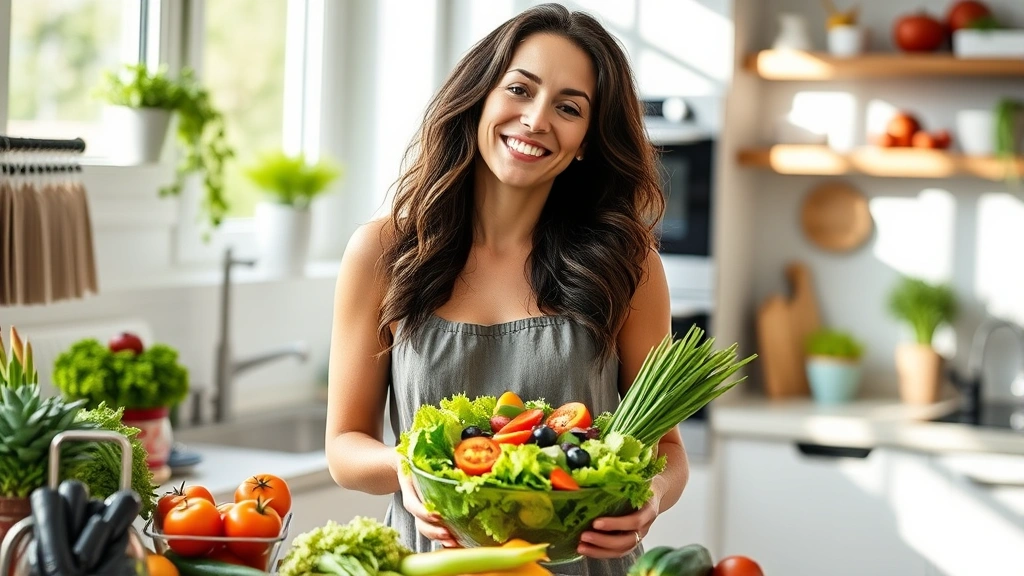 Woman preparing fresh colorful vegetables and fruits in bright, modern kitchen, smiling while holding a bowl of vibrant salad ingredients, natural daylight streaming through windows