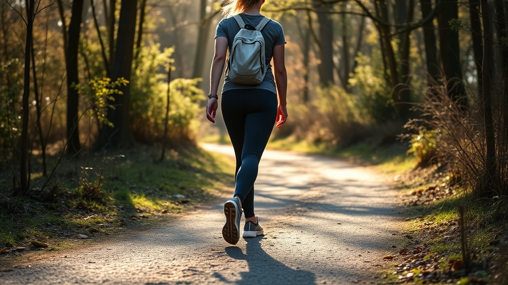Person walking outdoors on a peaceful trail surrounded by trees and nature, wearing comfortable athletic clothes, morning sunlight, calm and serene environment showing gentle movement and wellness