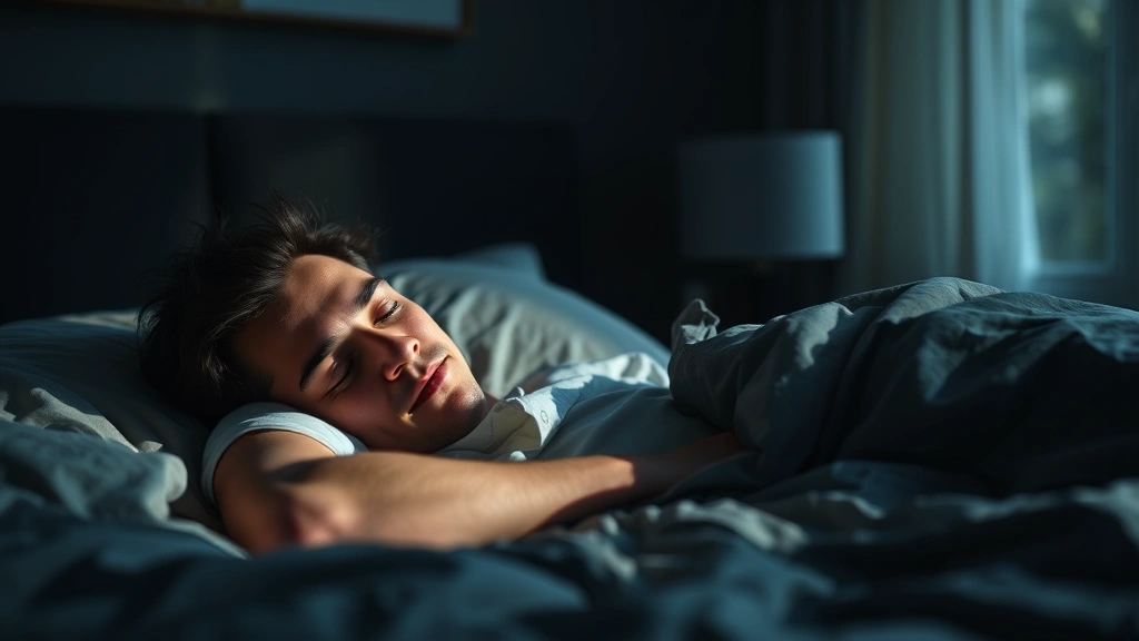 Person sleeping peacefully in a dark bedroom with soft natural light, looking completely relaxed and well-rested on comfortable bedding