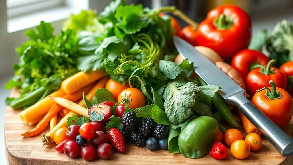 Colorful array of fresh organic vegetables and fruits on wooden cutting board with chef's knife, vibrant produce including leafy greens and berries, natural kitchen lighting, healthy food preparation scene