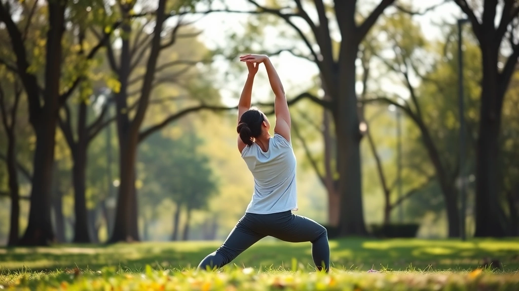 Person practicing yoga or stretching outdoors in peaceful park setting with trees and natural light, wellness and movement