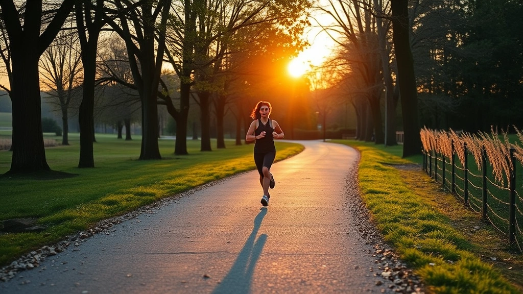 Person jogging through peaceful park trail during golden hour, surrounded by trees and natural landscape, wearing comfortable athletic wear, genuine movement and wellness focus